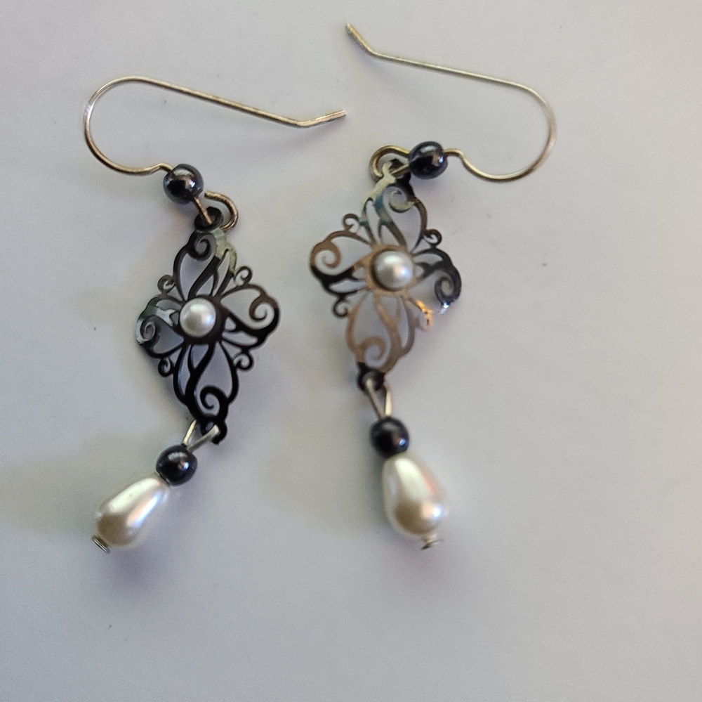 Silver and faux pearl earrings
